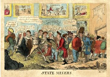 A comic print showing a crowd of people in a room labelled 'Treasury.' Heaps of gold are scattered across the floor, and several of the men are picking up gold coins with shovels, pouring it into bags, baskets and in one case a pair of trousers, or carrying bulging sacks and barrels out of the room through a 'secret door.' Along the bottom right edge, the burglars' tools are scattered on the floor: masks, keys, shovels, and a covered lantern. In the bottom left corner, a grotesque bust looms out of the gold, clutching more moneybags. From left to right: a man wearing a turban and carrying a fabric-wrapped bundle says 'Take care of Number One!' A judge in a black gown and long wig wields a shovel and says 'I never care how the world wags For I've 4000 per annum secure in my bags.' Two men confer in the background behind another enormous bronze bust. A bald man (Spencer Perceval) shovels gold, saying 'Come along Leather breeches, what the devil makes your hair stand on end always?' In the background, one man tells another 'get out of the way pat you have no more business here than I have.' A man in a red coat with hair standing on end holds a pair of trousers open for Perceval. Two stereotypical Scots stand close together, one saying 'you are right Mr McScroyle I have feathered my own nest well,' the other replying 'the de'er tak me but I've taken care o' myself'. A fat man stands with his hands behind his back beside a basket heaped with gold and labelled 'Billy's Biscuit Basket.' A man carries a barrel of gold on his head: it is labelled 'Cambridge Butter Tub.' A man in a blue coat and periwig carries a bag of gold, more gold spills out of his pockets. Three further men are on their way out of the door; one of them says 'I have croaked for something.' Above the 'secret door' a map of the United Kingdom hangs in shreds. On the back wall, from left to right, a series of portraits portray: the back of a man's head; the devil stealing public money; Perceval leading an infant prince of wales and saying 'that's my pitty pincy'; King Lear exclaiming 'What what!' over the dead body of his daughter; the devil appearing amongst 'the lawyers.' Below the image the title 'State Miners' is printed in capitals; the publication details have been added in ink as well as a note identifying the 'biscuit basket' man as 'Curtis.'