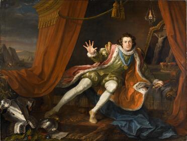 A painting showing the actor David Garrick playing Richard III. He wears green sixteenth-century dress including a red cloak trimmed with ermine, and the Order of the Garter around his neck, starts up from his bed, within a curtained tent. His left hand grasps his sword, lying on the bed beside him, while his right hand, raised in horror and despair occupies the centre of the canvas. He looks into the distance, just beyond the viewer, with an expression of alarm. Behind him is the crown of England and a painting of the Crucifixion, below a burning lamp. Blue drapery is at his feet, partly covering a patterned carpet. At the bottom left, his armour glistens in the light; below the armour is an intercepted note addressed to the Duke of Norfolk with the lines (just visible) 'Jockey of Norfolk be not so bold / Dicken thy Master is / bought & Sold'. Plants, including poppies, curl up into the armour. Behind the red tent is a pitched army, with a group of soldiers around a campfire. The sky is dark, but slightly streaked with red and yellow signalling the rising of the sun.