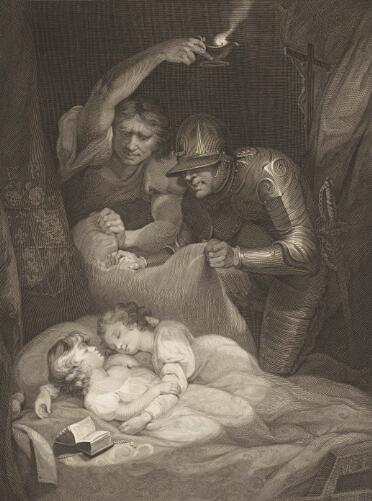 An engraving of a murder scene from Richard III. Two cherubic children with curly hair are sleeping in each others' arms; beside them are an open bible and a crucifix. Two men loom over them: one wears full plate armour with a helmet and a sheathed sword; the other wears a loose shirt and holds an oil lamp high over their heads. Both men are gripping a cushion which they will use to smother the children. A further crucifix is visible through the bed curtains at the top right.