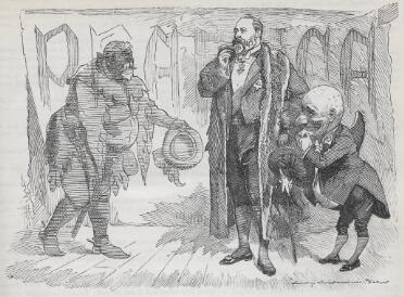 Albert Edward, Prince of Wales meets the ghost of Falstaff, accompanied by Mr Punch. The Prince is tall and fat, with a short beard, holding a cigar, and wearing a formal suit and heavy overcoat. Mr Punch stoops, holding his hat and stroking his chin. He also wears a tailcoat; his head has an exaggerated forehead, nose and chin, and he has an exaggerated hunch on his back. Falstaff is rendered in grey to show his status as a ghost; like Albert Edward he is bearded and overweight, but he wears medieval costume including a sword and hood, and carries a plumed hat.