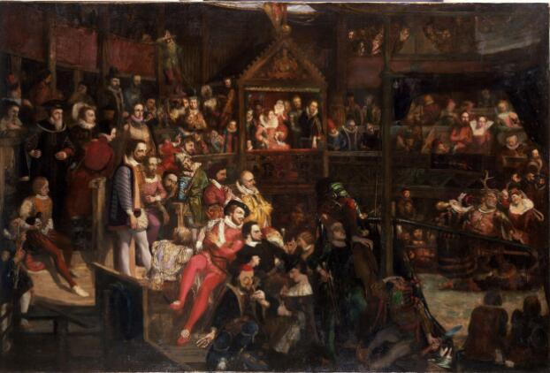 A painting showing the crowded interior of the Globe theatre. At the centre, a special enclosure emblazoned with the royal coat of arms marks Queen Elizabeth I's seat: she sits in a red gown and elaborate ruff flanked by courtiers. On the stage, to the right hand side of the image, a man wearing antlers dances with two women. A group of musicians can be seen at the bottom right, including one with a double bass. The galleries are packed with more spectators, including portraits of various notable figures from the Elizabethan period. The seats directly opposite the stage are occupied by a group of early modern writers, including a standing man in a black coat with gold trim and blue and white striped sleeves, representing Shakespeare himself.