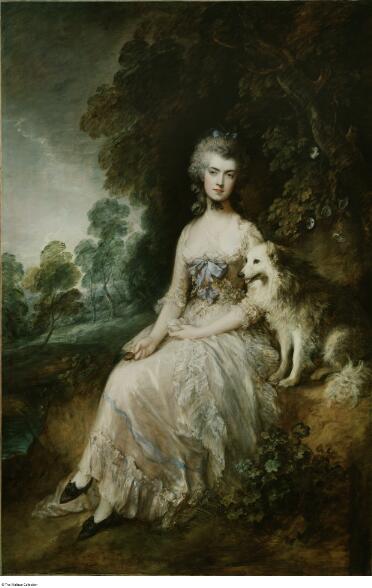 A woman sits on a grassy bank in front of a tree. She is very pale, with a serious expression. Her powdered hair is adorned with a blue bow at the crown of her head and another ribbon tied under her chin. She wears a low-cut white dress with lace trim, a fichu across her breast, and blue ribbons on the bodice. Her hands are in her lap; one hand holds a miniature portrait. On the right sits an alert fox dog with white fur. The background includes more trees and a cloudy sky.