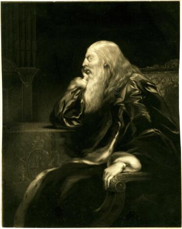 A three-quarter length portrait of the elderly George III. He is seated at a table with his chin propped on one hand, wrapped in an ermine-trimmed silk robe. His face is in profile. He has a long, untidy beard and long white hair.
