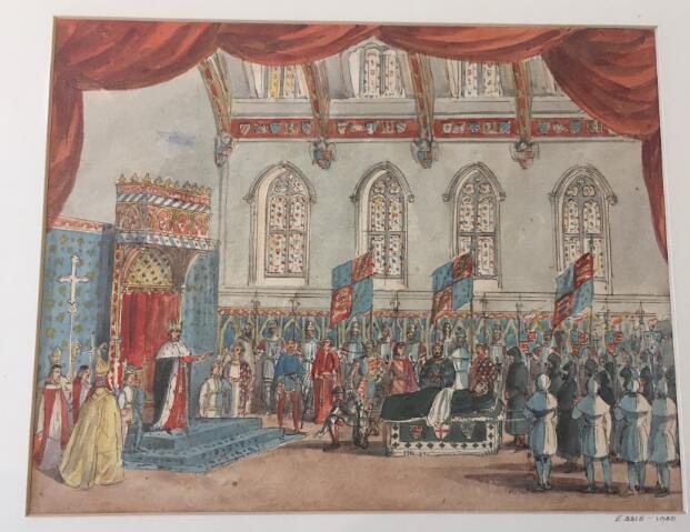 A watercolour sketch: the body of Richard II, draped in black cloth, is presented to King Henry IV. On the right, the king stands before his throne on a carpeted pedestal, one hand reaching out toward the crowd gathered in the hall. He is flanked by two children in blue and white outfits. A group of clergymen stand on the far left, including a bishop in a mitre. A soldier in armour kneels before the throne. Behind him is the black-draped bier, decorated with the English flag and royal arms. A row of pallbearers in black and grey stand on the far left. In the background, a row of courtiers and soldiers stand along the far wall, interspersed with banners bearing the royal arms. The scene takes place in a vaulted hall with a row of arched windows along the far wall. Around the top edges of the image a red theatrical curtain can be seen.