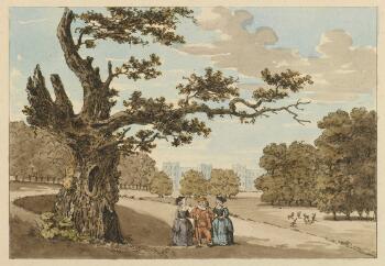 A coloured etching of parkland with Windsor Castle in the background. In the foreground is a very old oak tree with a few living branches. Beside it, a group of three people are gathered: a grinning fat man in an ochre-coloured doublet and hose, a ruff, and a brimmed hat, flanked by two women in respectable eighteenth-century fashions. More trees and several tiny deer are visible behind them.